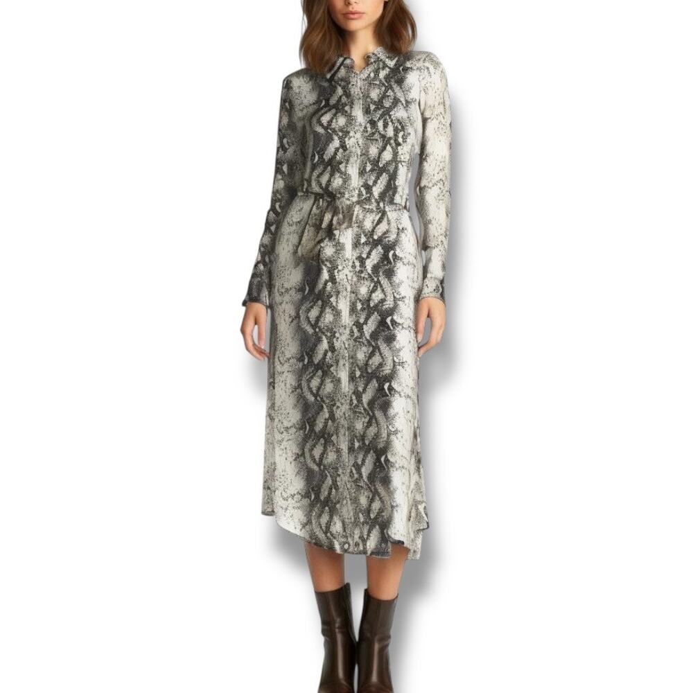 Le Superbe Size 2 Long Sleeve Belted Shirt Dress‎ Brown Gray Snake Print Midi